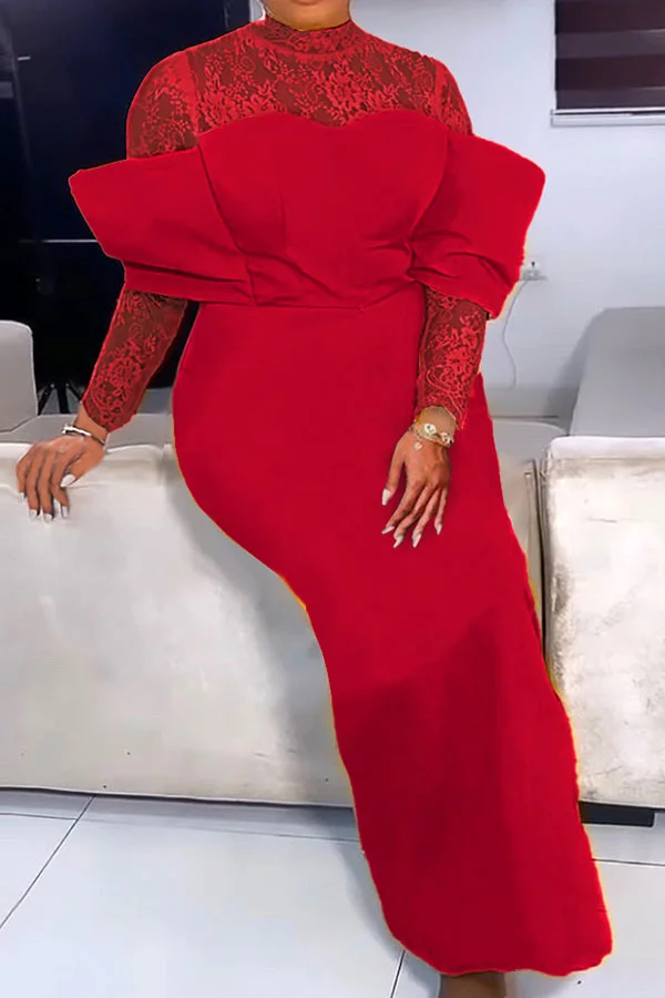 Lace Patchwork Glamorous Split Back Maxi Dress