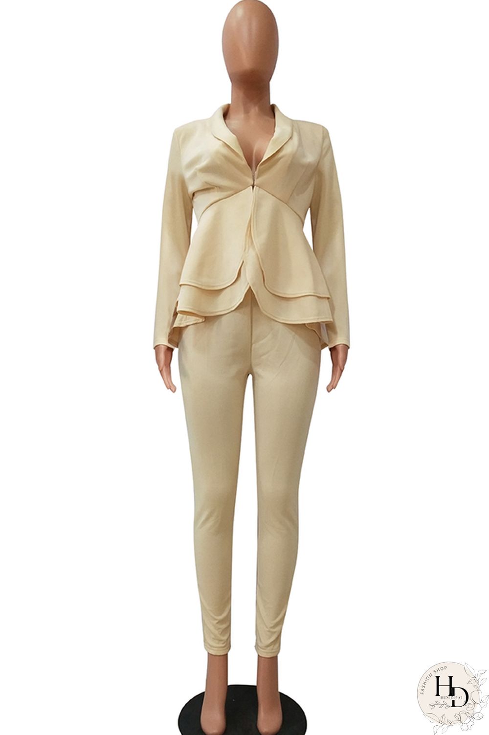 Black Casual Two Piece Suits Patchwork ruffle Solid pencil Long Sleeve