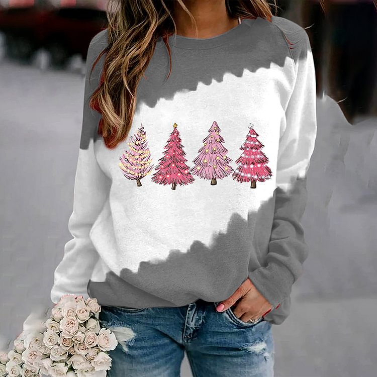 Comstylish Women's Pink Christmas Tree Print Sweatshirt