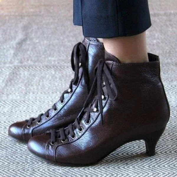 Women Fashion Victorian Round Toe Leather Boots Rustic Booties Steampunk Lace Up Low Heel Boots Vintage Ankle Boots