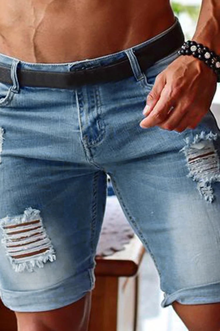 Ripped Distressed Washed Five-Point Jeans