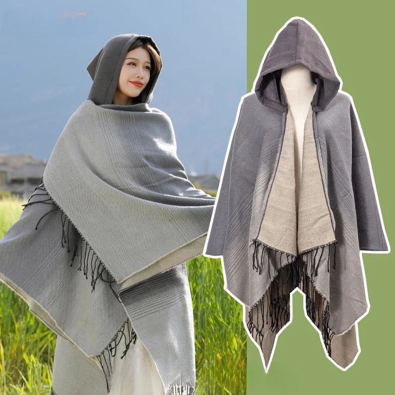 Ethnic Style Hooded Cape Women’s Yunnan Tibet Western Sichuan Grassland Bohemia Travel Wear Scarf Coat