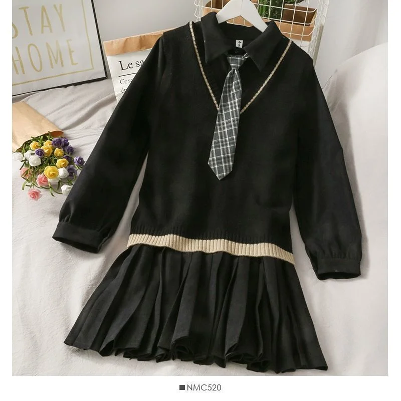 Colourp and autumn new college style suit Kawaii female student Korean loose all-match pleated dress knitted vest +Tie 3-piece