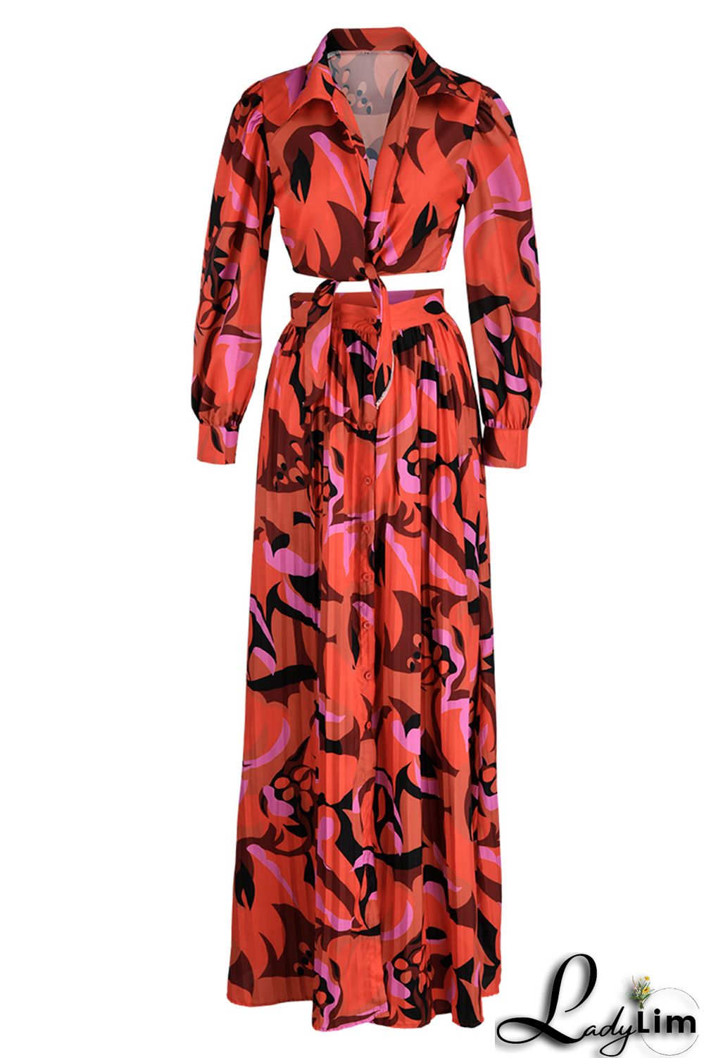 Red Fashion Casual Print Bandage Slit V Neck Long Sleeve Dresses