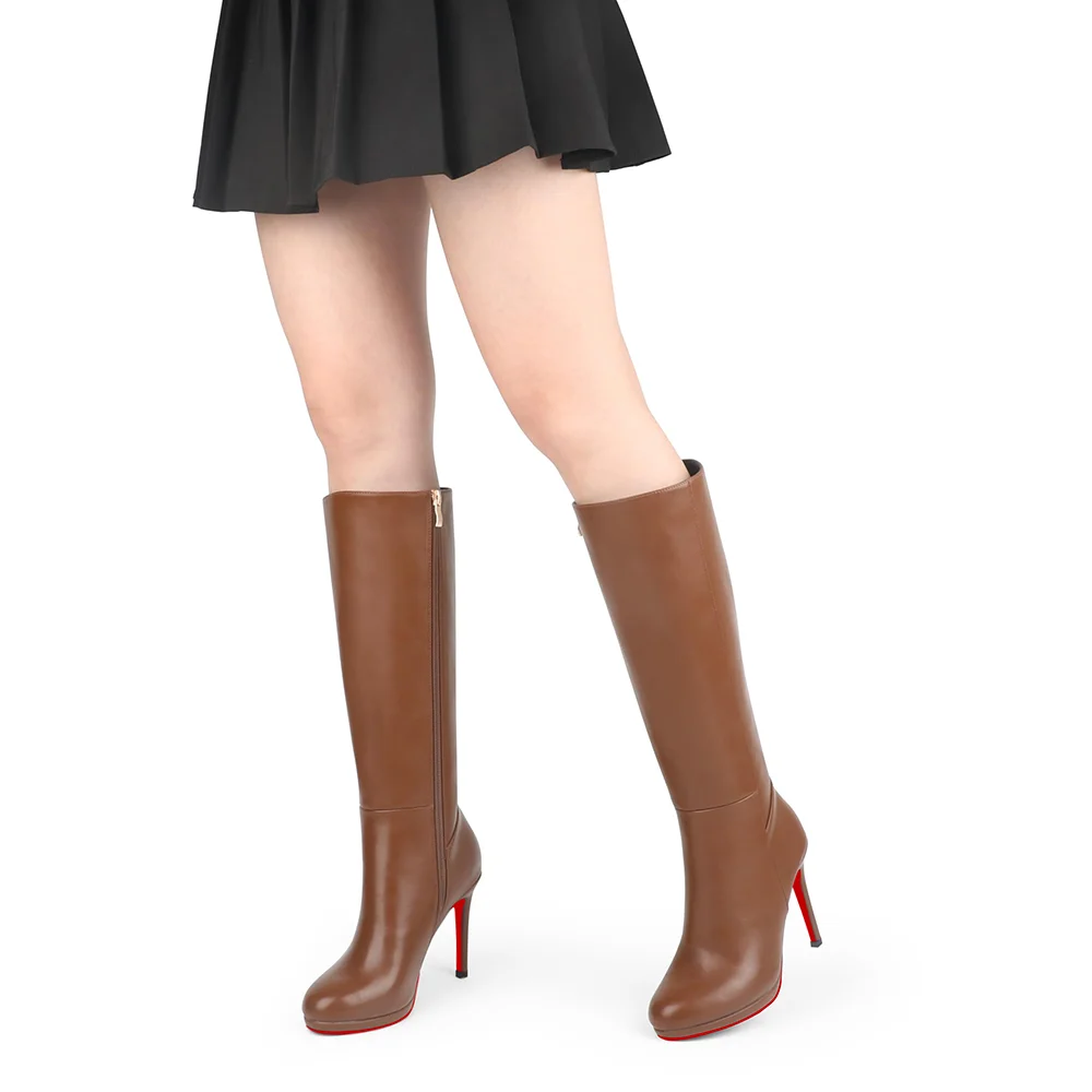 105mm/4.1 Inch Women's Knee High Red Bottom Boots Platform Heel Boots Side Zipper Long Boots-MERUMOTE