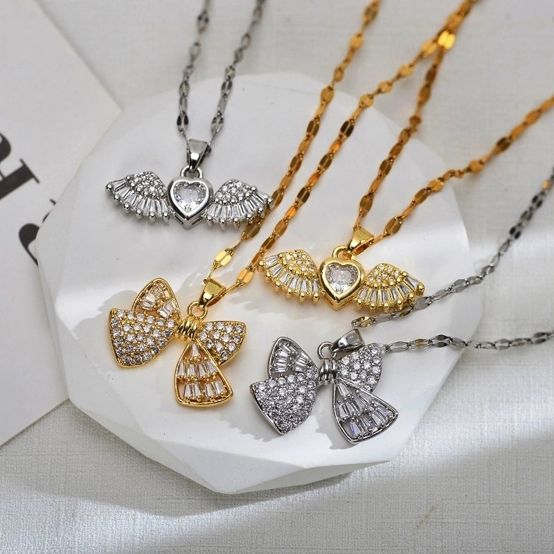 Sweet Wings Bow Knot Titanium Steel Copper Zircon Gold Plated Inlay Pendant Necklace