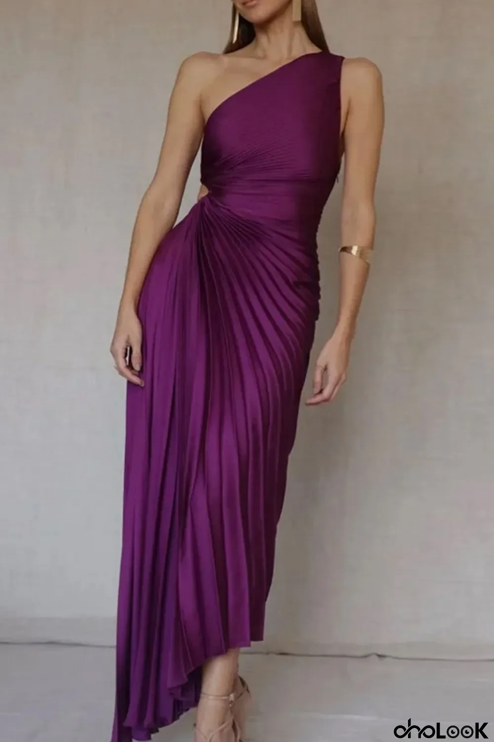 Purple Elegant Solid Patchwork Fold Asymmetrical Oblique Collar Evening Dress Dresses