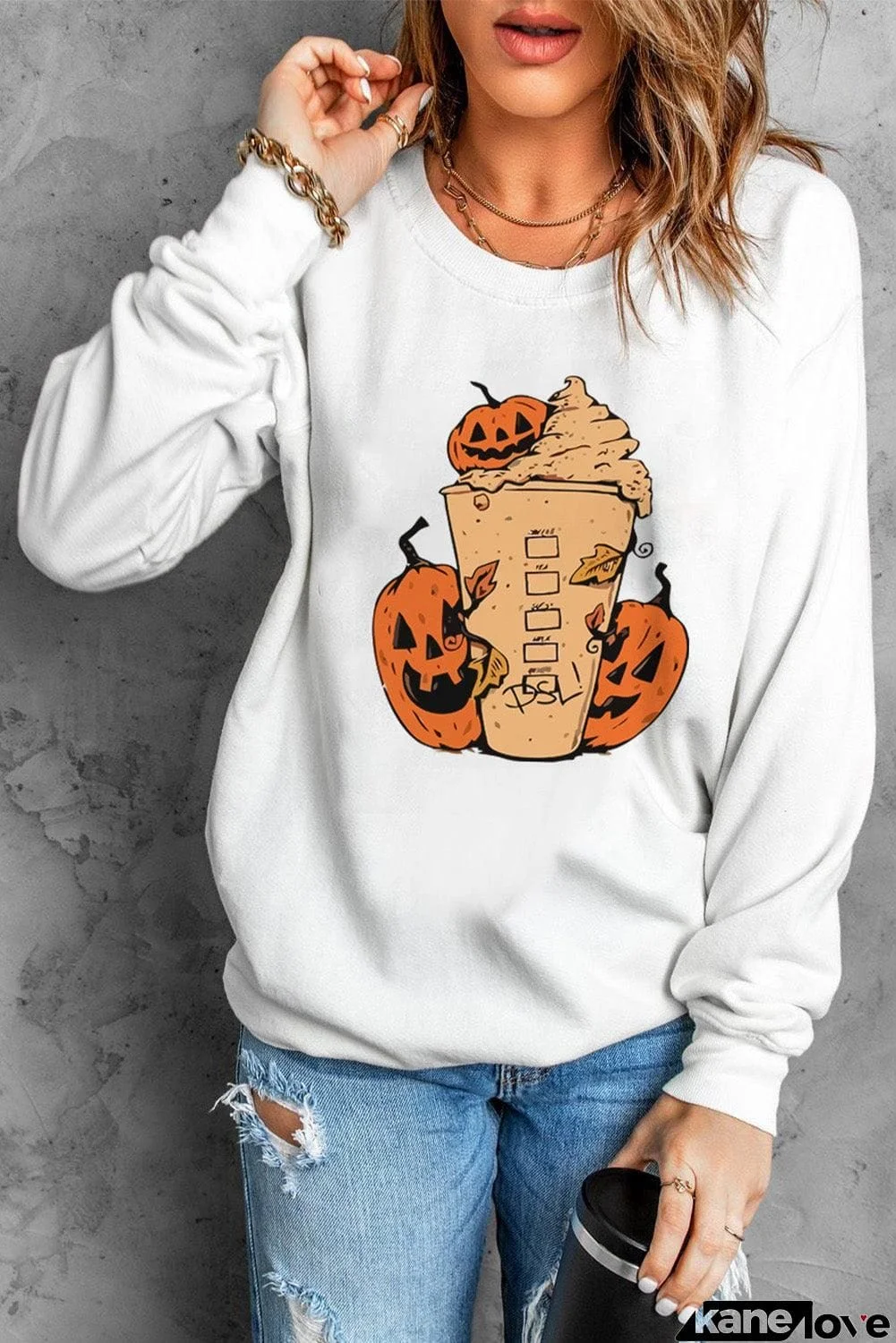 Halloween Pumpkin Graphic Round Neck Sweatshirt