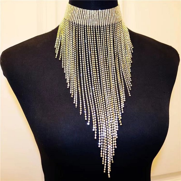 parkling Rhinestone Fringe Exaggerated Necklace