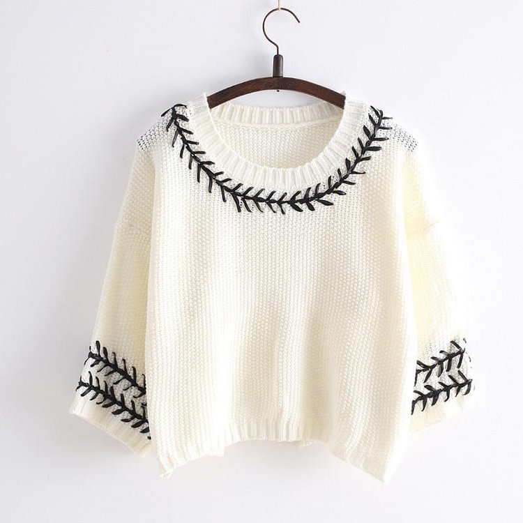 White/Navy Mori Girl Embroider Short Sleeve Fleece Sweater SP154029