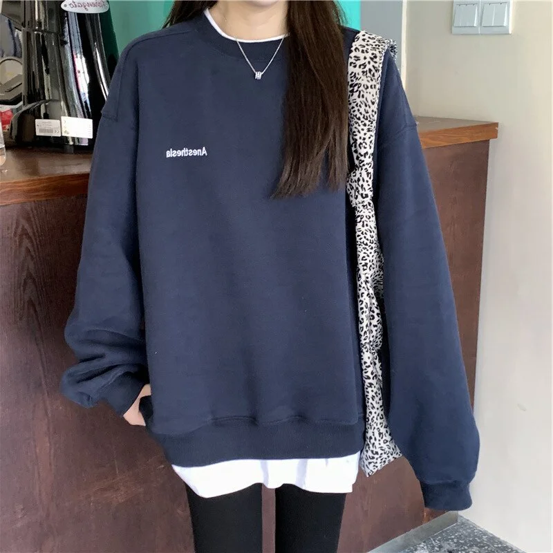 2021 Splicing Pullover Women Autumn Winter Fleece Thick Korean Version Oversized Hoodies O Neck Long Sleeve Girl Sweatshirt
