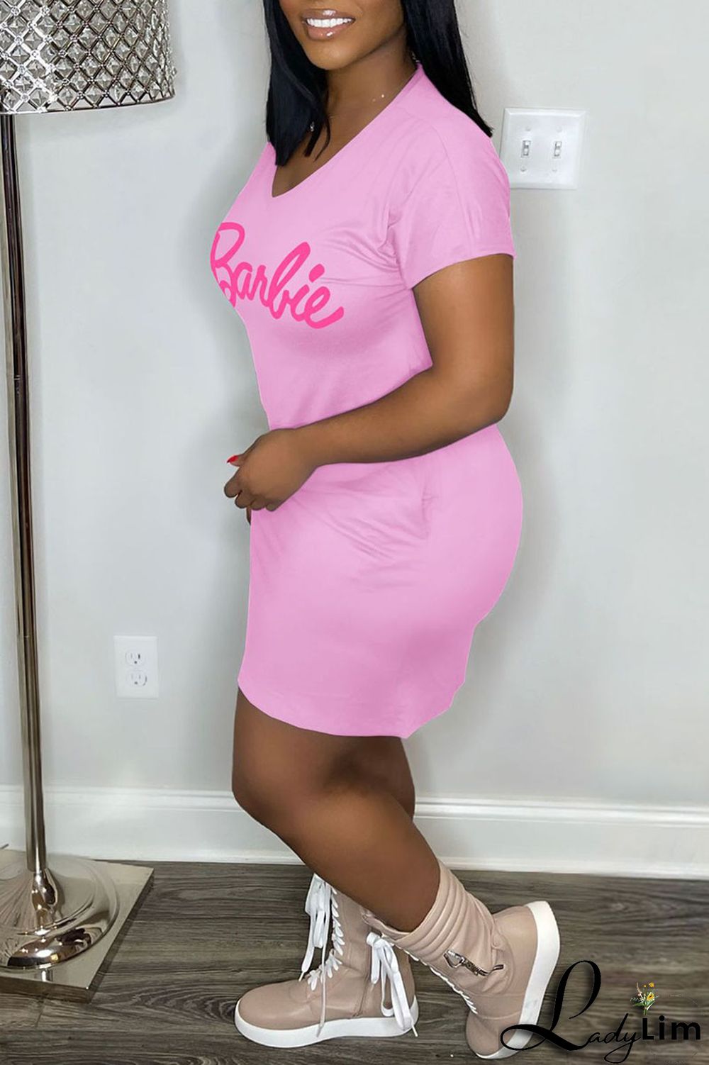 Pink Casual Print Patchwork V Neck Straight Dresses