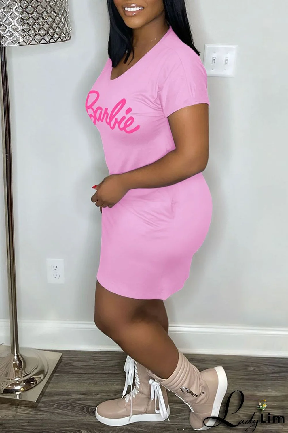 Pink Casual Print Patchwork V Neck Straight Dresses