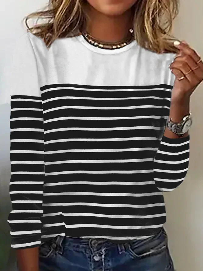 Women's new hot selling long-sleeved striped two-color printed stitching round neck top T-shirt socialshop