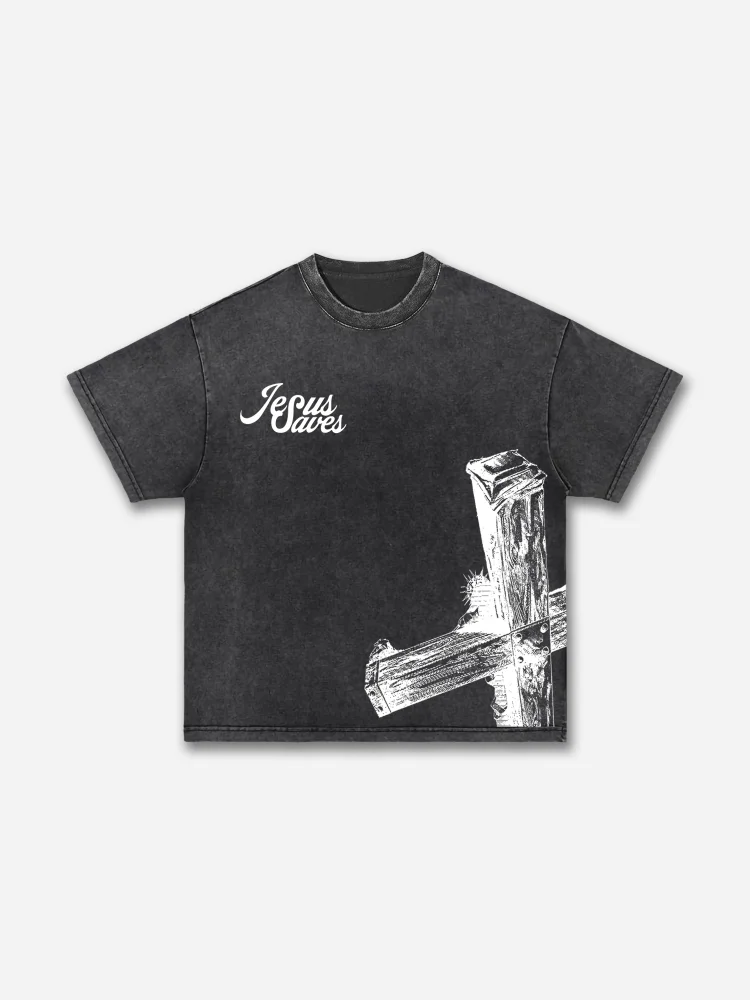 Simpfit Lässiges Vintage-T-Shirt mit „Jesus Saves“-Grafik und Acid-Wash
