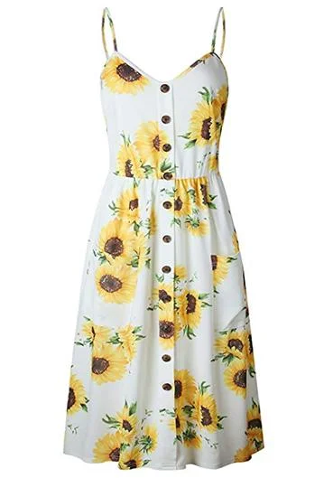 Sunflower Printed Midi Dress with Pockets 丨August Lemonade