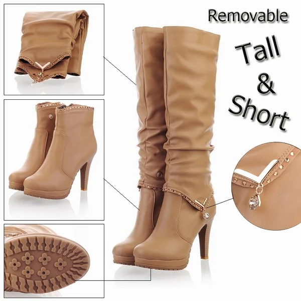 Women Motorcycle Boots Two Way Wear High Heels Soft Leather Shoes Warm Winter Knee High Boots