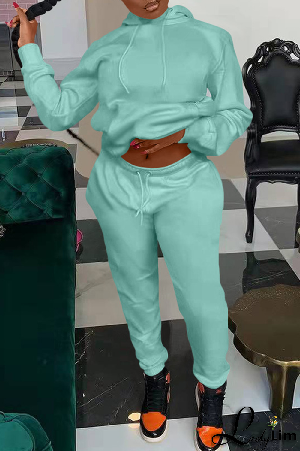 Blue Casual Solid Split Joint Hooded Collar Long Sleeve Two Pieces