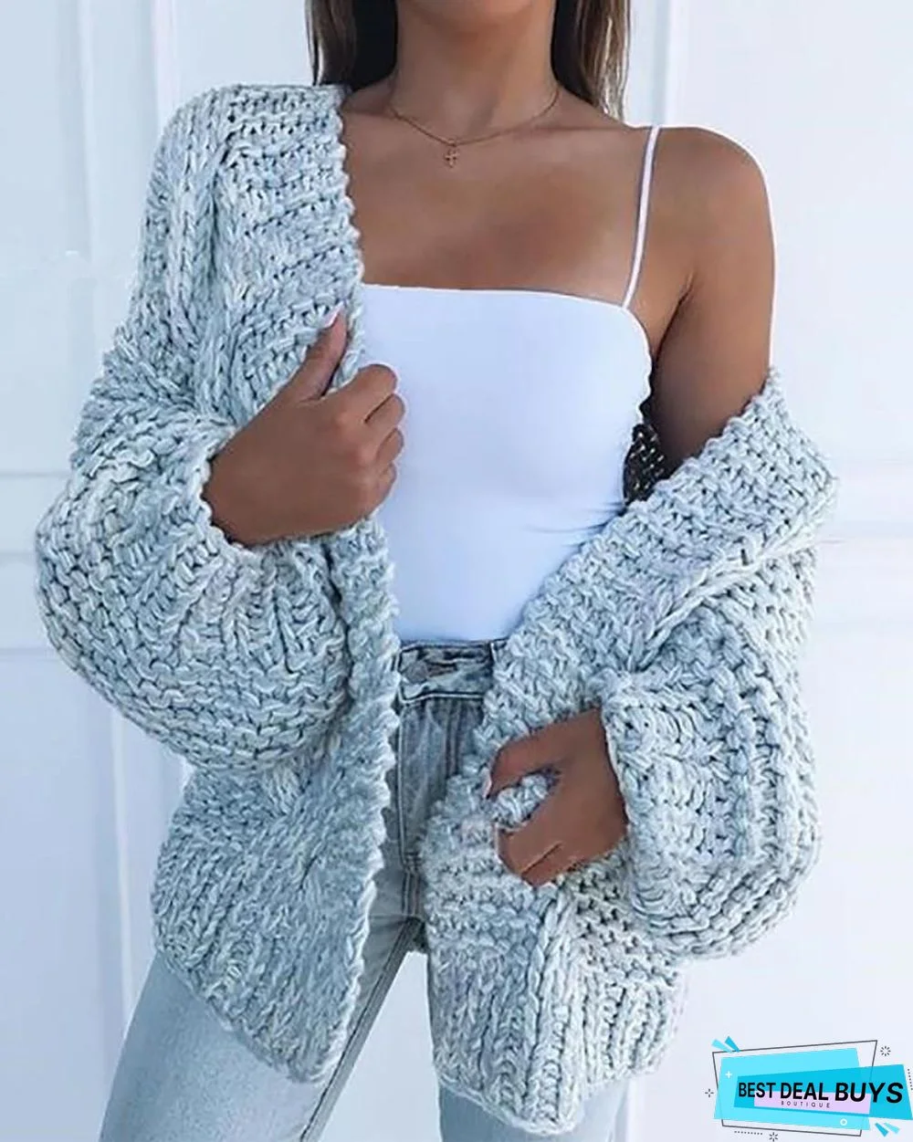 Braided Knit Lantern Sleeve Casual Cardigan