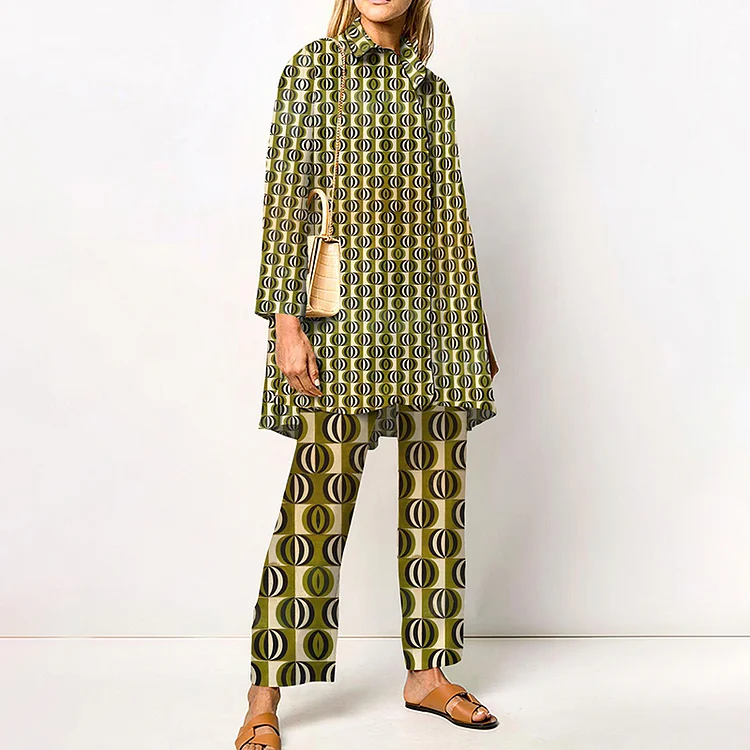 Contrast Geometric Print Long Sleeve Two Piece Set