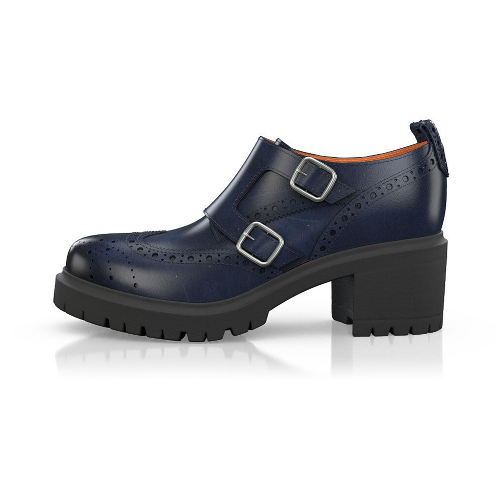 Navy Blue Round Toe Chunky Heel Buckled Oxford Shoes     Nicepairs
