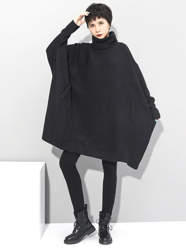 Super Roomy Black High-Neck Knitting Batwing Sleeves Sweater Dress