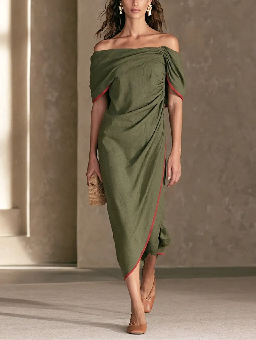 Women's Casual Olive Green Cotton-linen Off-shoulder Short-sleeve Midii Dress MD
