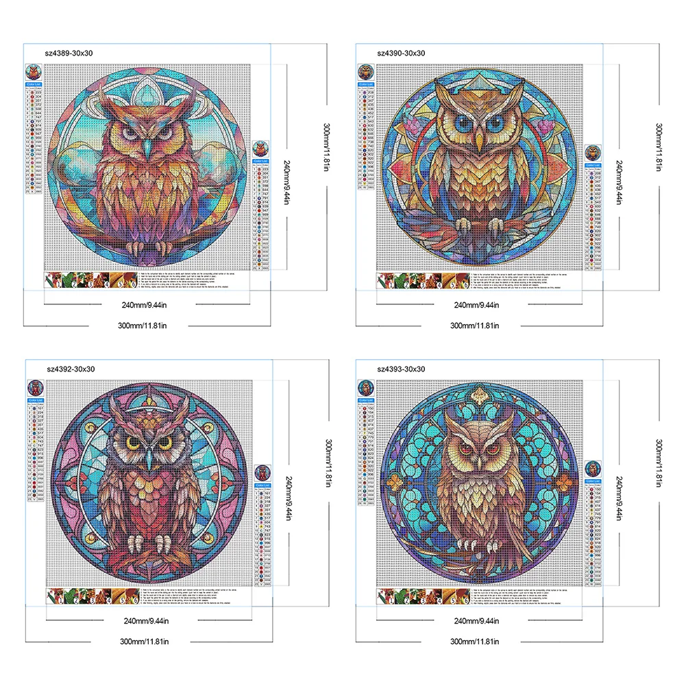 4pcs/Set Diamond Painting - Full Round Drill - Stained Glass Owl(Canvas|30*30cm)