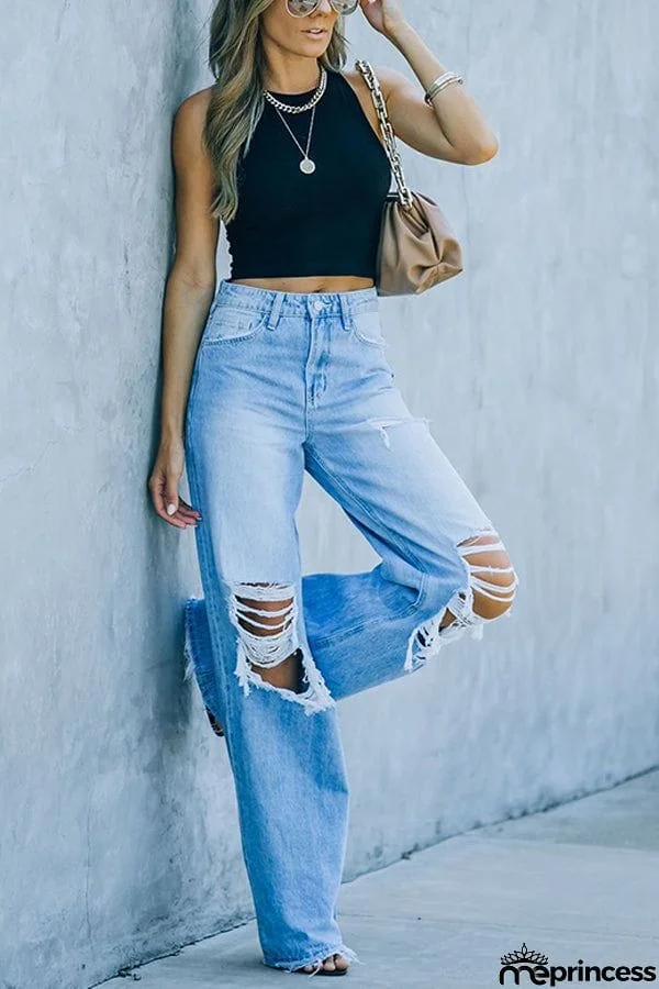 New Casual Jeans Wide Leg Pants with Holes