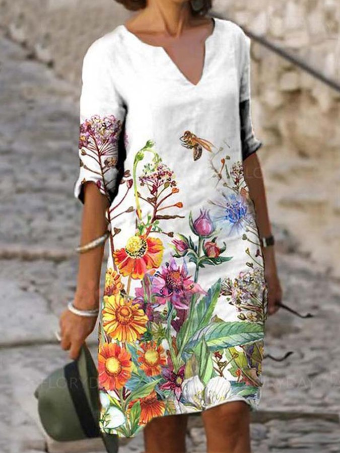 Women's Fashion Print V-Neck Half-Sleeve Mid-Length Dress
