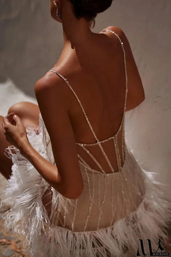 MidiSono - Fairy Lights Sequin Layered Feather Fringed Mesh Mini Dress