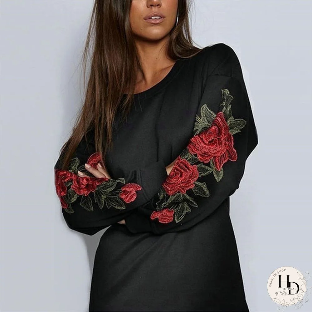 Autumn Winter Fashion Women Chic Embroidery Long Sleeve Casual Hoodie Sweatshirts Dress