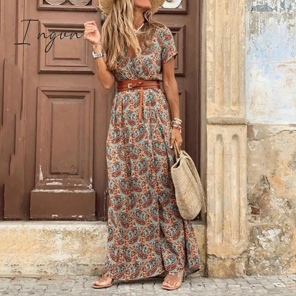 Ingvn - Fashion Boho Dress Long Women Casual V Neck Short Sleeve Retro Print Belt Hem Beach Dresses