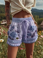 Women's Patchwork Rose Floral Contrast Drawstring Shorts - Image 5