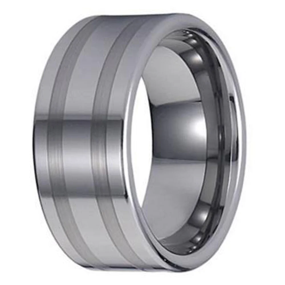 8MM 10MM Silver Two Striped Brushed Mens Flat Tungsten Ring