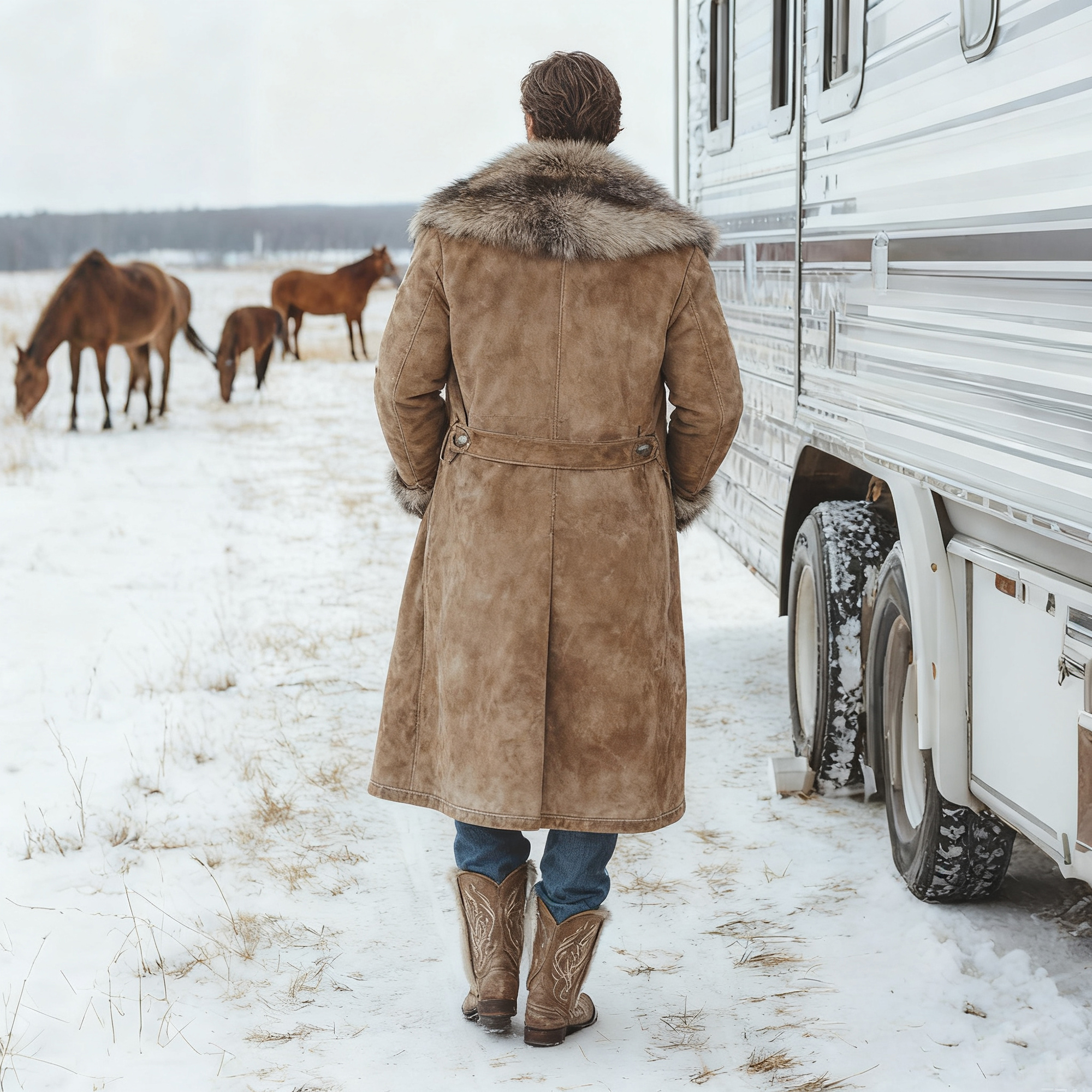 Men's Retro Fur Collar Lapel Long Coat Lambswool Lined Thick Long Coat