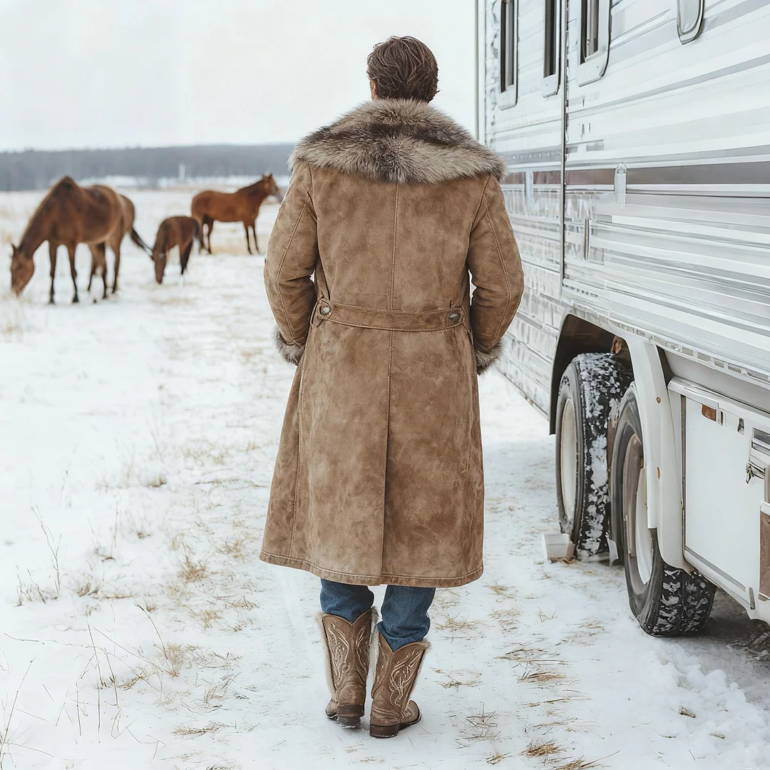 Men's Retro Fur Collar Lapel Long Coat Lambswool Lined Thick Long Coat