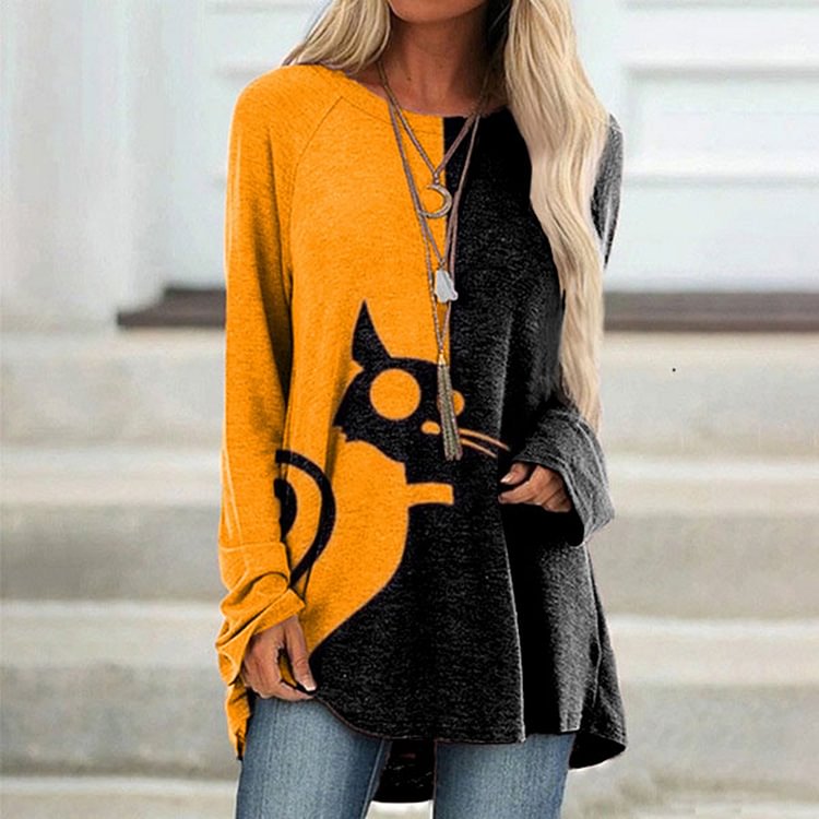 Colorblock Cat Print Tunic