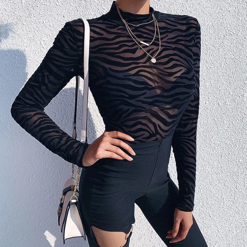 Sexy zebra print one-piece mesh gauze hollow half-high neck t-shirt long sleeve temperament bottoming y2k shirt Bodysuit women