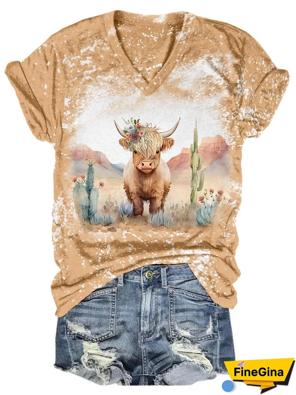 Western Highland Cow Print Tie Dye V Neck T-Shirt