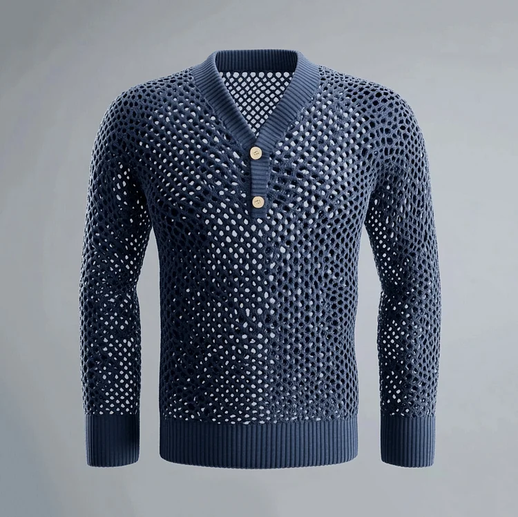 Men's Hollow Out Knit V Neck Long Sleeve Henley Shirt