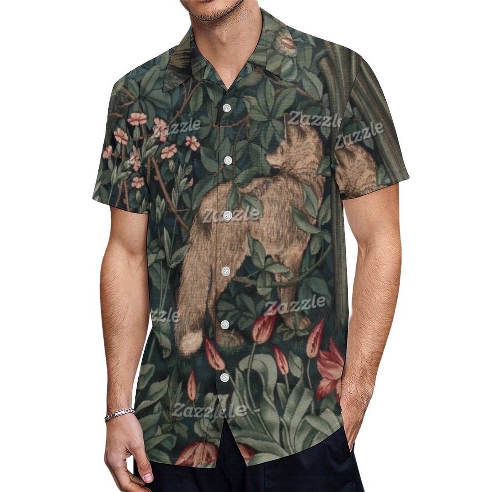 William Morris Wildlife Fox Greenery Art Print Hawaiian Shirt Mens Button Down Tropical Hawaii Beach Shirts