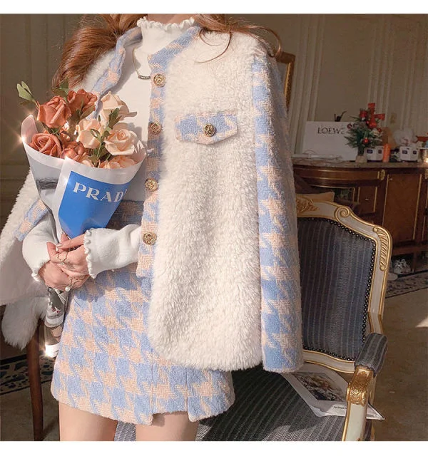 Plaid Sweet Coat High Waist A-line Wool Chic Skirts 2 Pieces Set SP18993