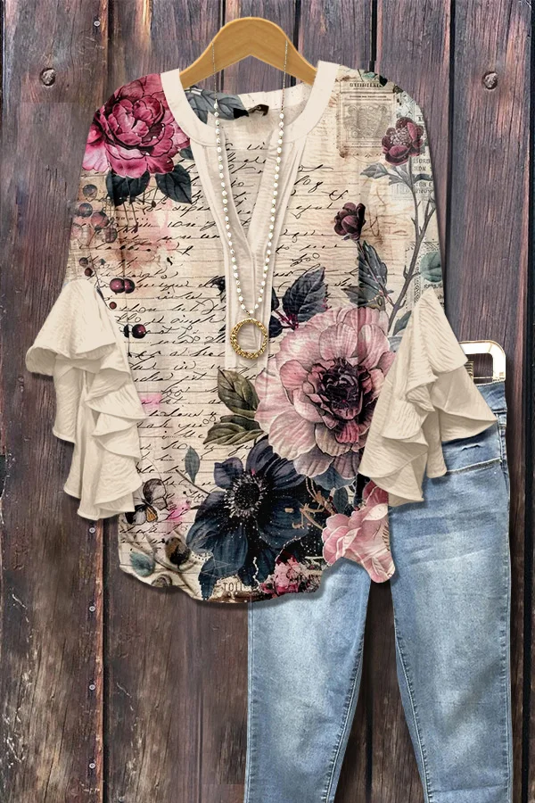 Colorful Floral Print Ruffle Sleeve Top