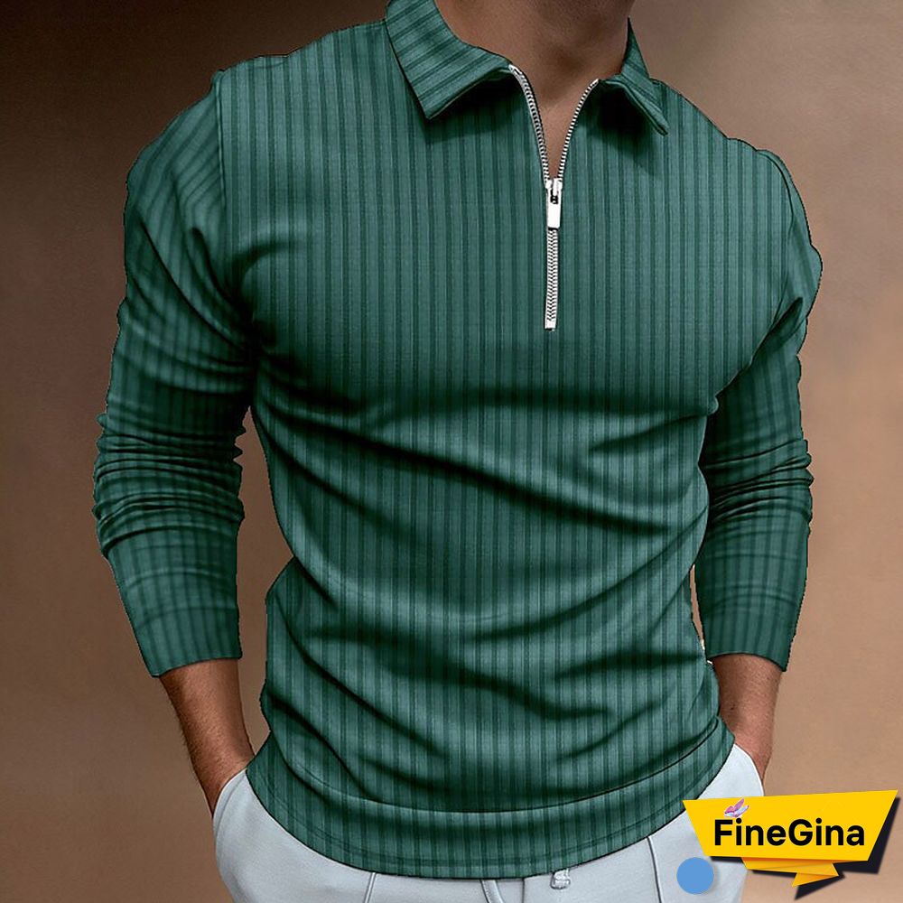 Brown Men's Waffle Solid Color Collar Patchwork Long Sleeve Zipper Shirt