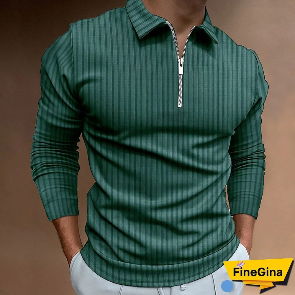 Brown Men's Waffle Solid Color Collar Patchwork Long Sleeve Zipper Shirt