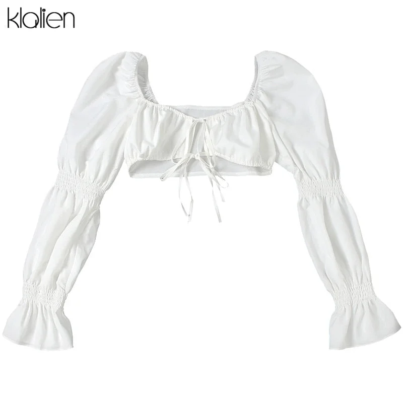 KLALIEN Fashion Sexy Bandage Low Chest Beach T Shirt Women Elegant White Lantern Sleeve French Romantic Slim Wild Female Top