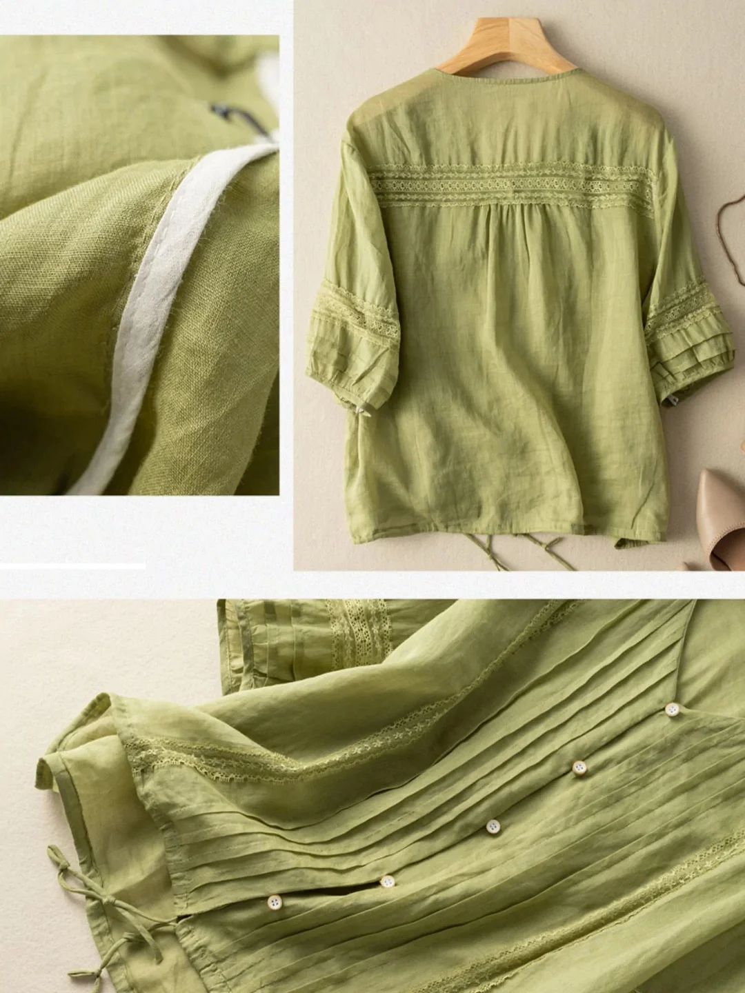 Pure Color V Neck 3/4 Sleeve Casual Linen Top