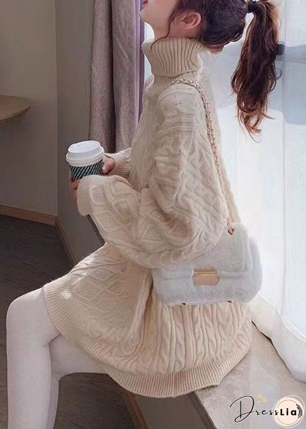 Stylish Rose Hign Neck Patchwork Thick Knit Sweater Dress Winter