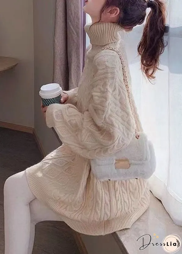 Stylish Rose Hign Neck Patchwork Thick Knit Sweater Dress Winter